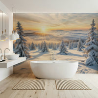 Golden winter woods wall mural behind a grey sofa in a minimalist lounge.