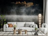 Low fog concealing water surface Golden Woodland Solitude wallcovering print.