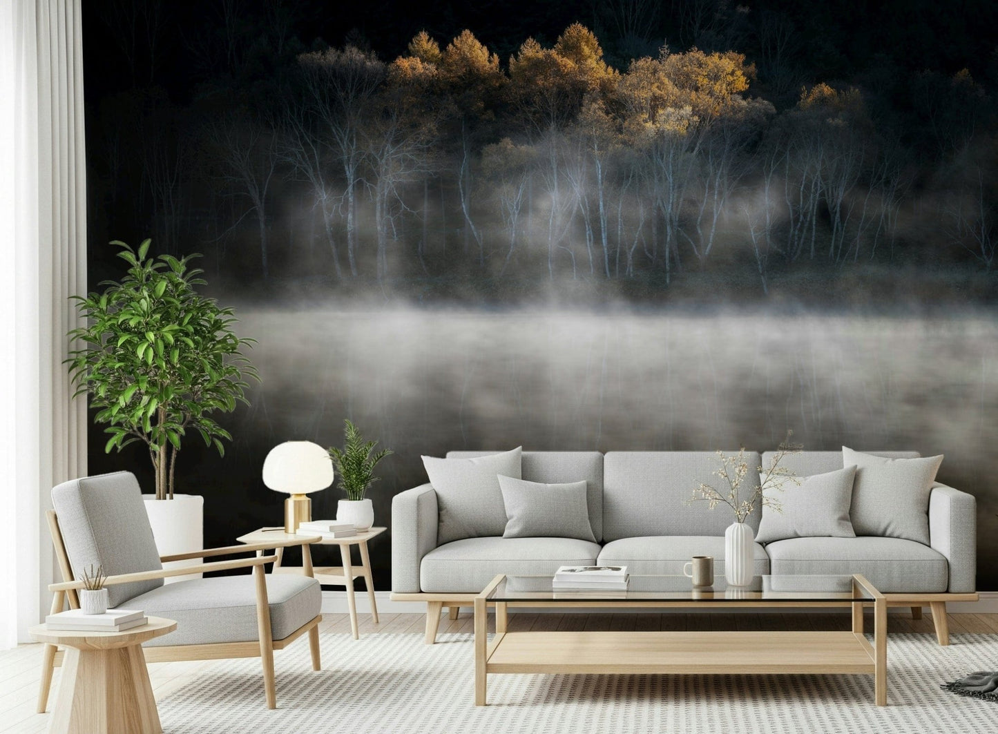 Peaceful moody forest edge Golden Woodland Solitude large wall covering.