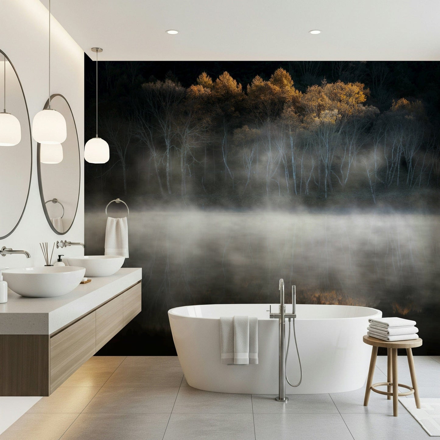 Misty dark water reflection Golden Woodland Solitude wall mural art.