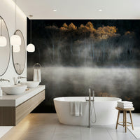 Misty dark water reflection Golden Woodland Solitude wall mural art.