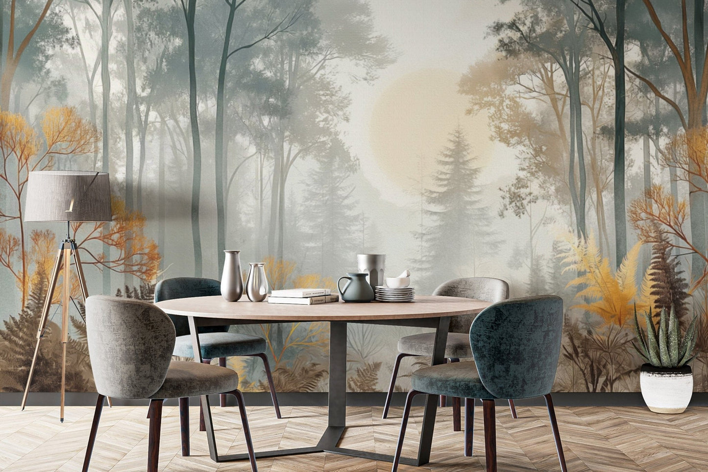 Nature-inspired woodland sunrise mural
