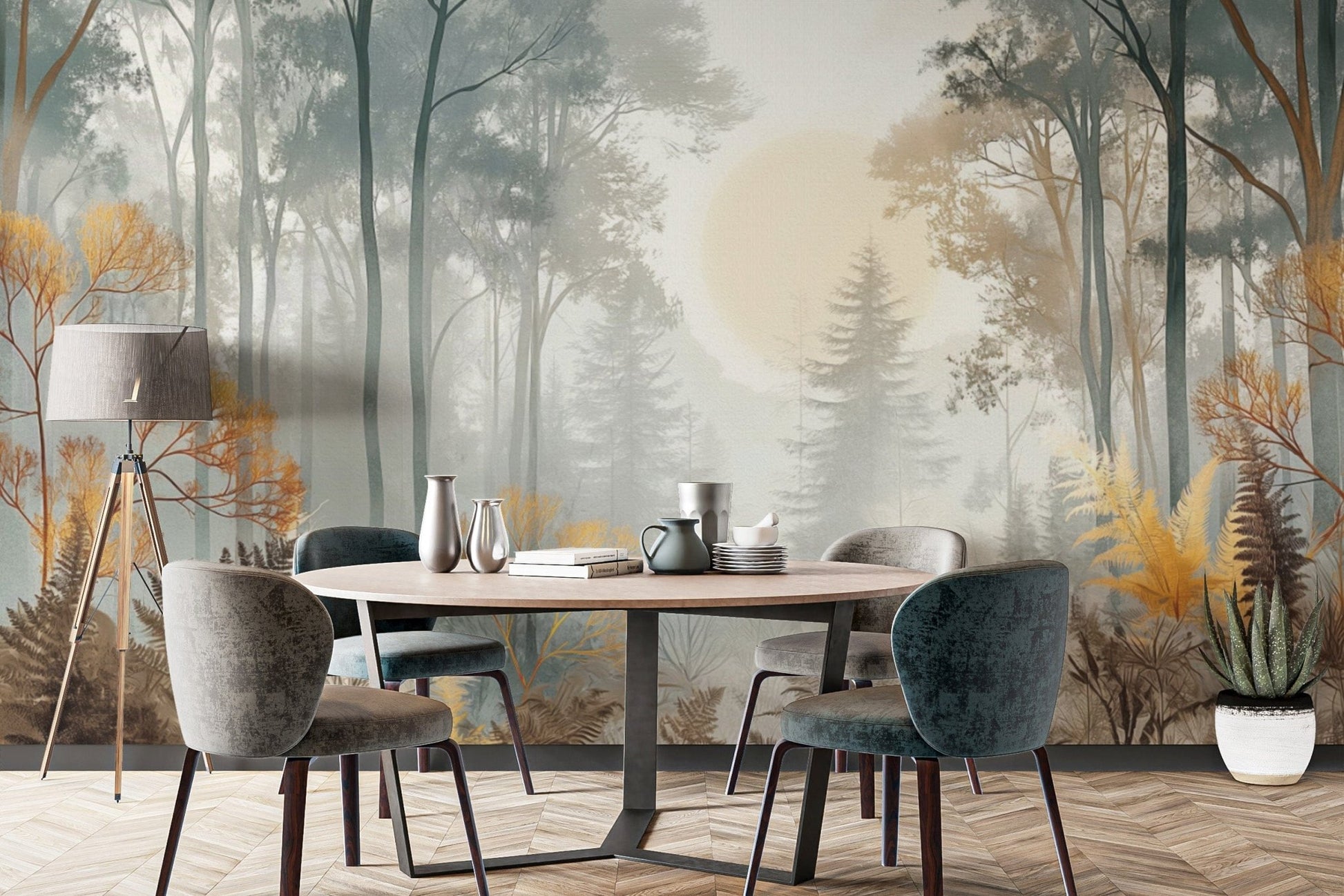 Nature-inspired woodland sunrise mural
