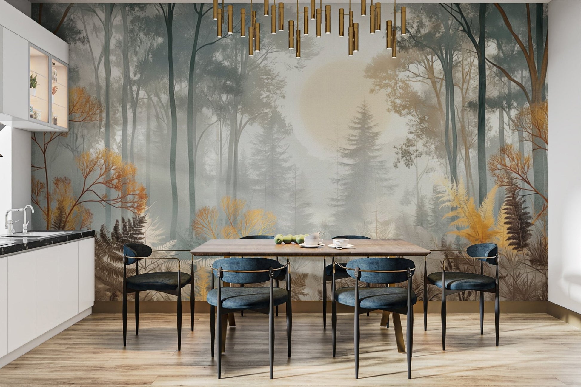 Misty woodland sunrise wall covering
