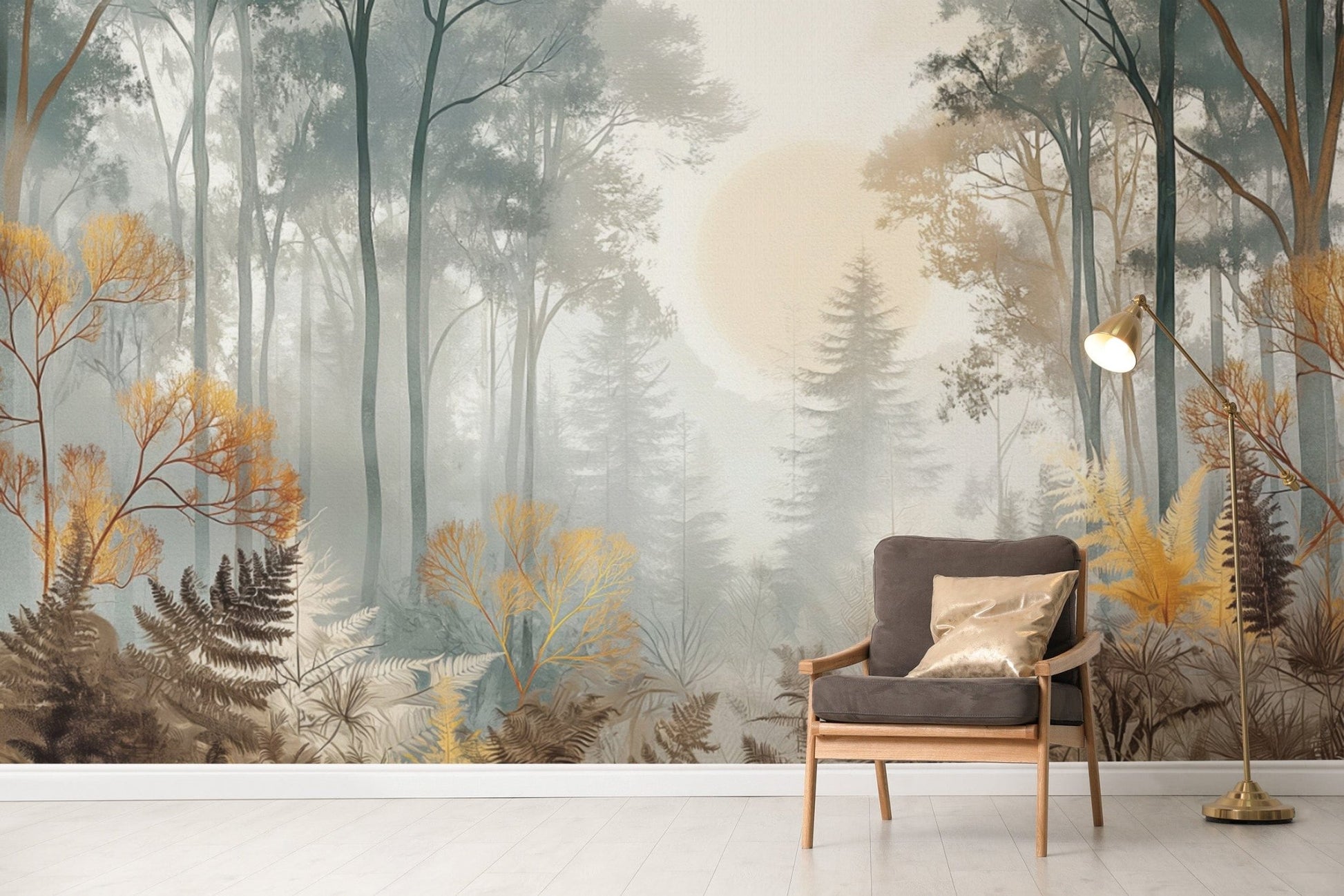 Misty forest sunrise wallpaper design
