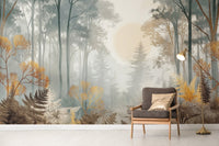 Misty forest sunrise wallpaper design
