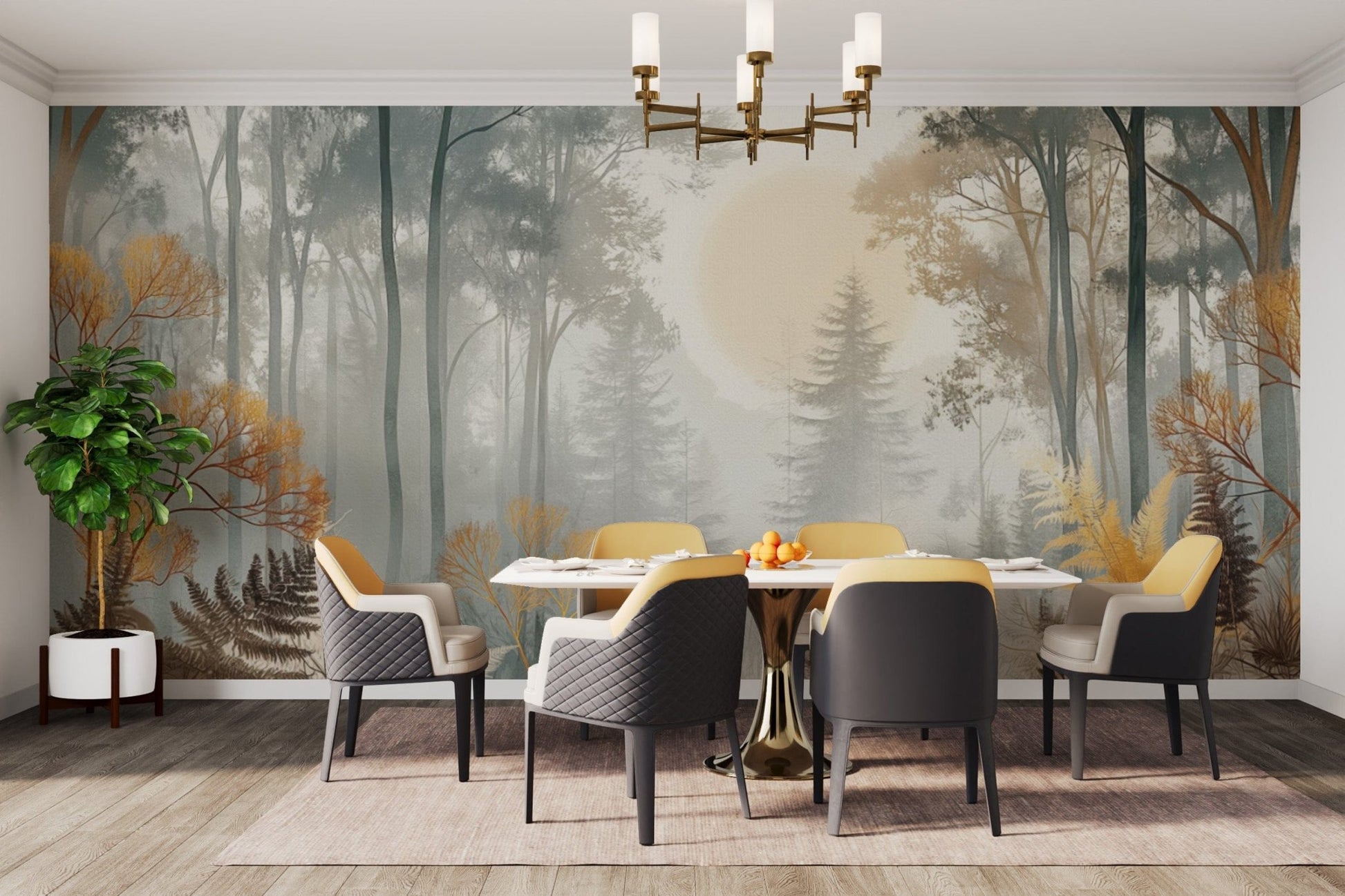 Nature-inspired woodland sunrise mural
