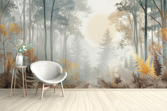 Golden woodland sunrise nature mural D146