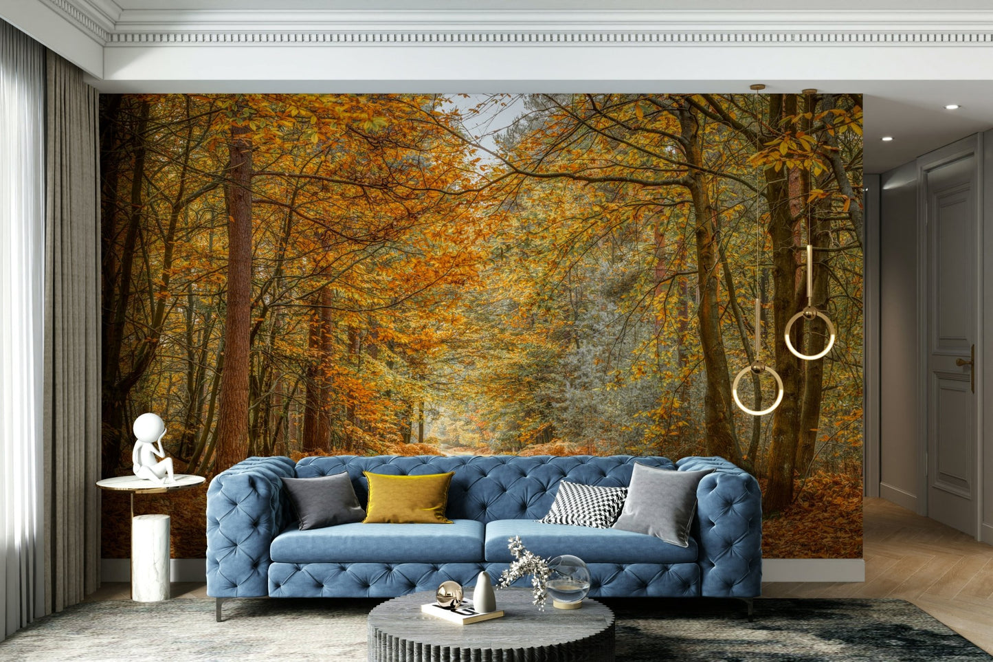 A wall mural featuring a sunlit forest trail.

