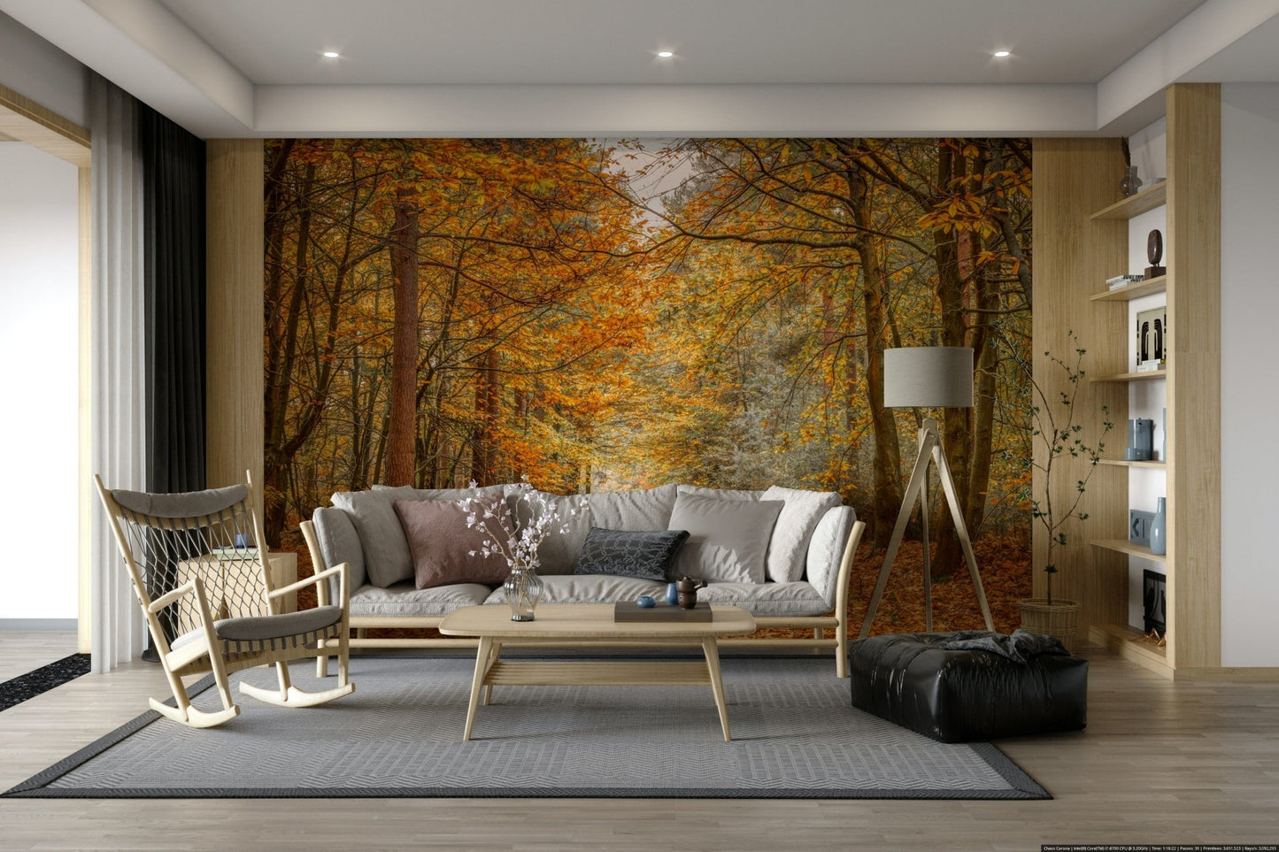 Warm sunlight filters through the trees.

