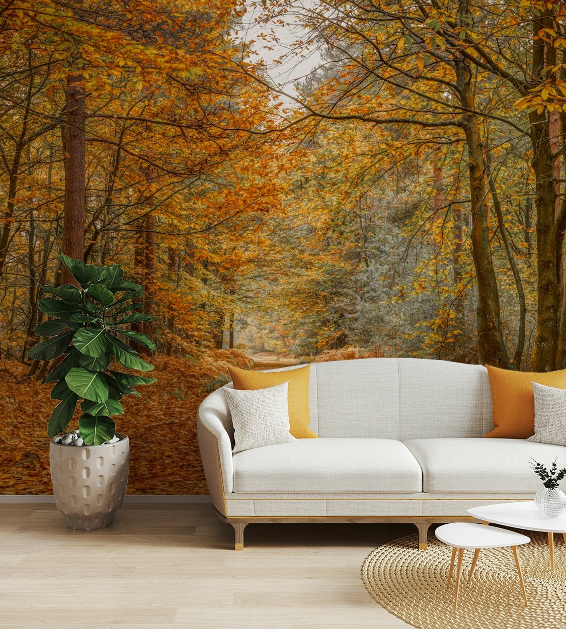 The trail is covered with golden-colored fallen leaves.

