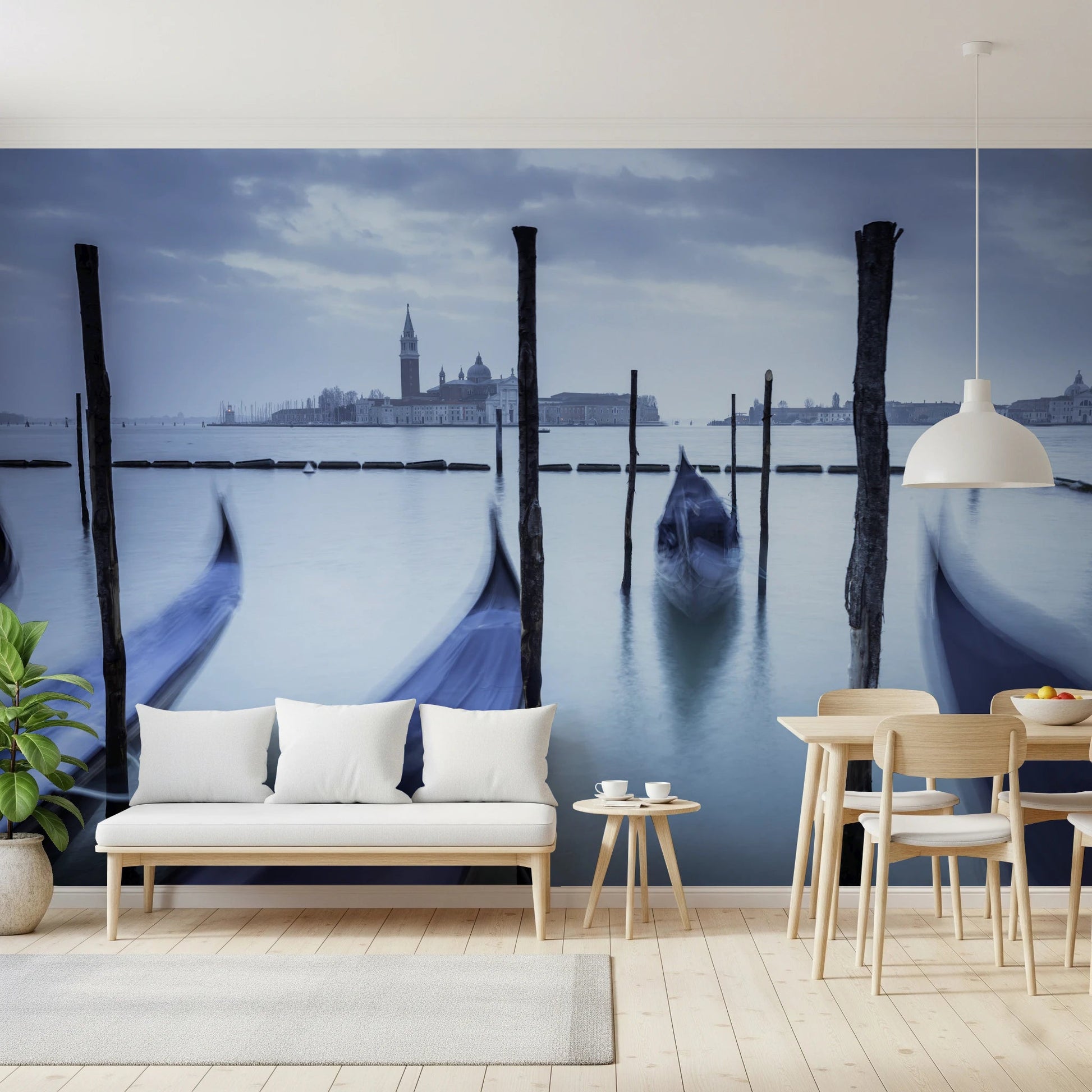 Gondolas in Lagoon wall mural showing moored boats and mist