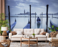 Hallway styled with Gondolas in Lagoon wall mural blue scene