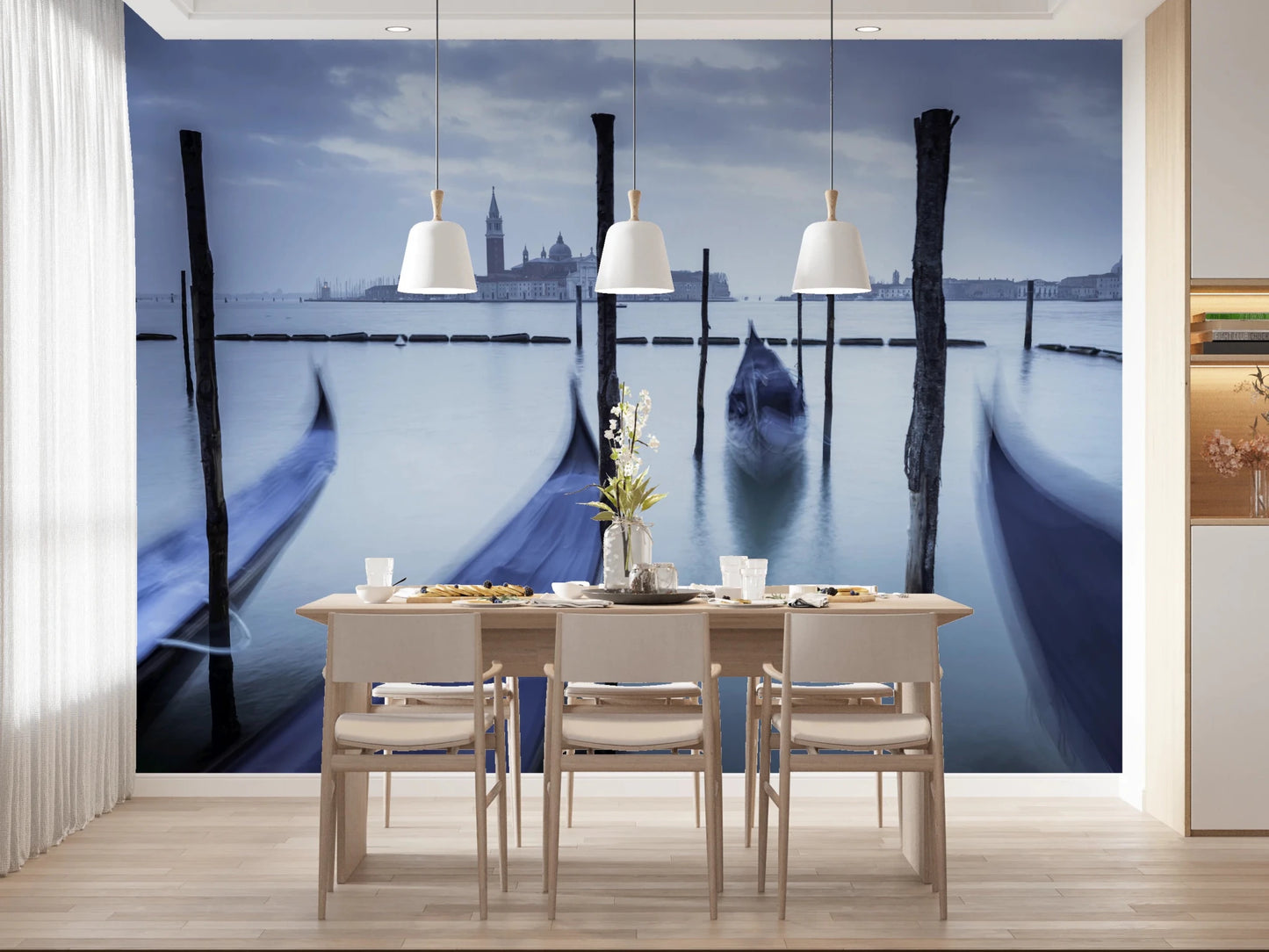 Gondolas in Lagoon wall mural in dining room with calm water