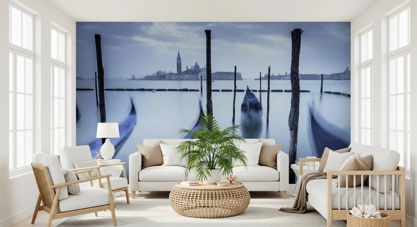 Travel-inspired wall mural with Gondolas in Lagoon setting