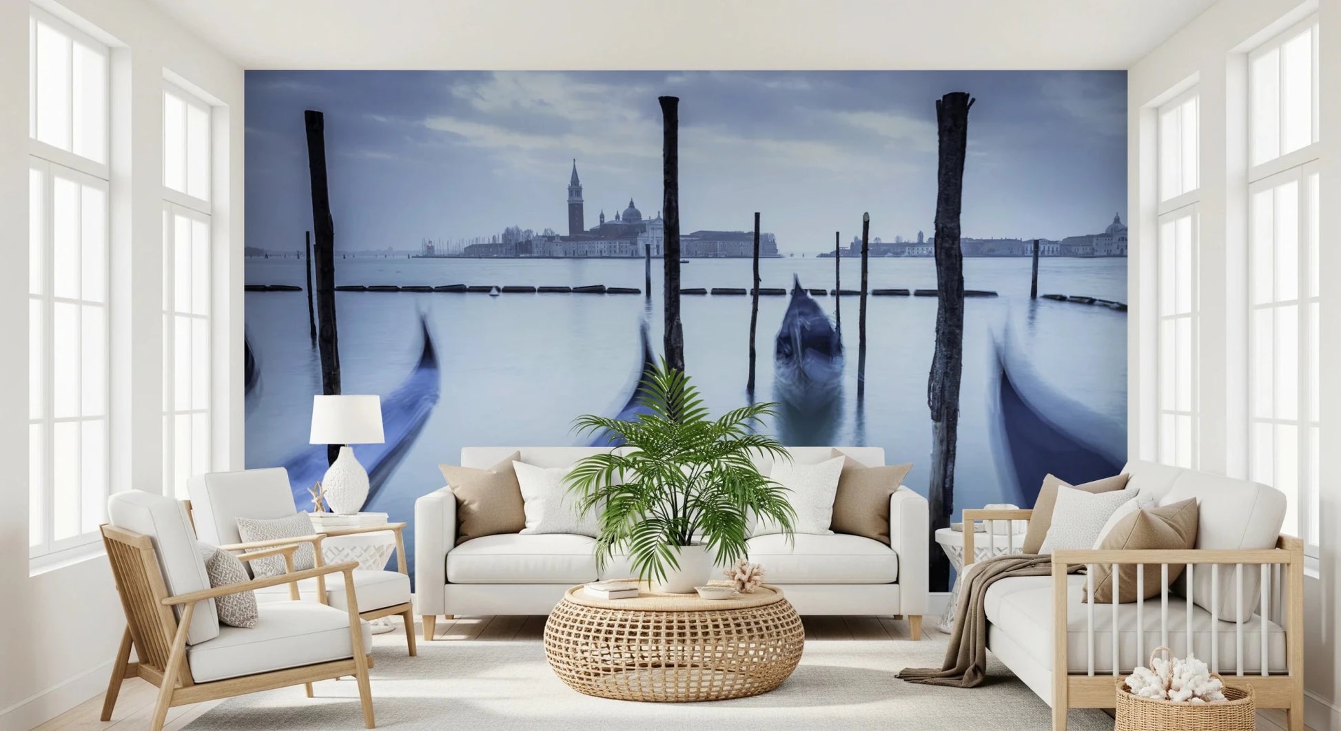 Travel-inspired wall mural with Gondolas in Lagoon setting