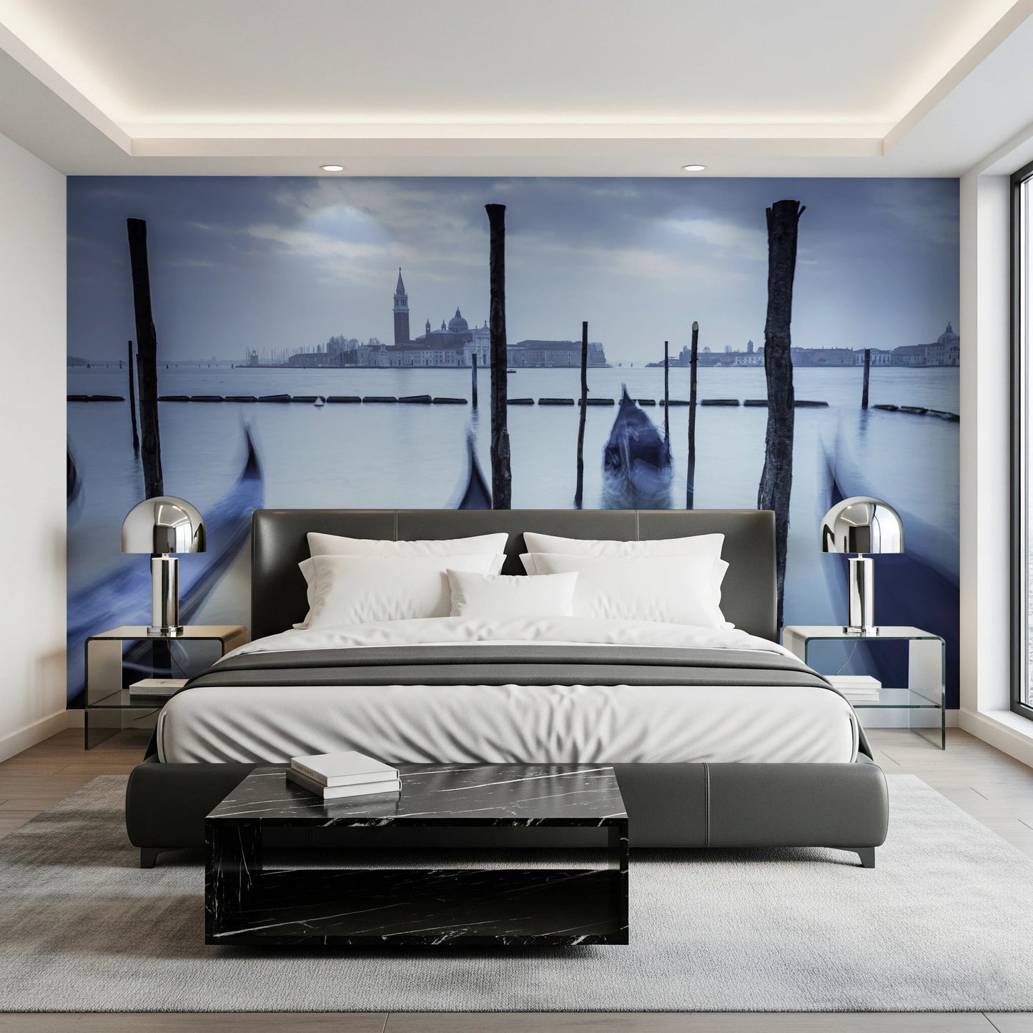 Waterfront wall mural with Gondolas in Lagoon soft blue tones