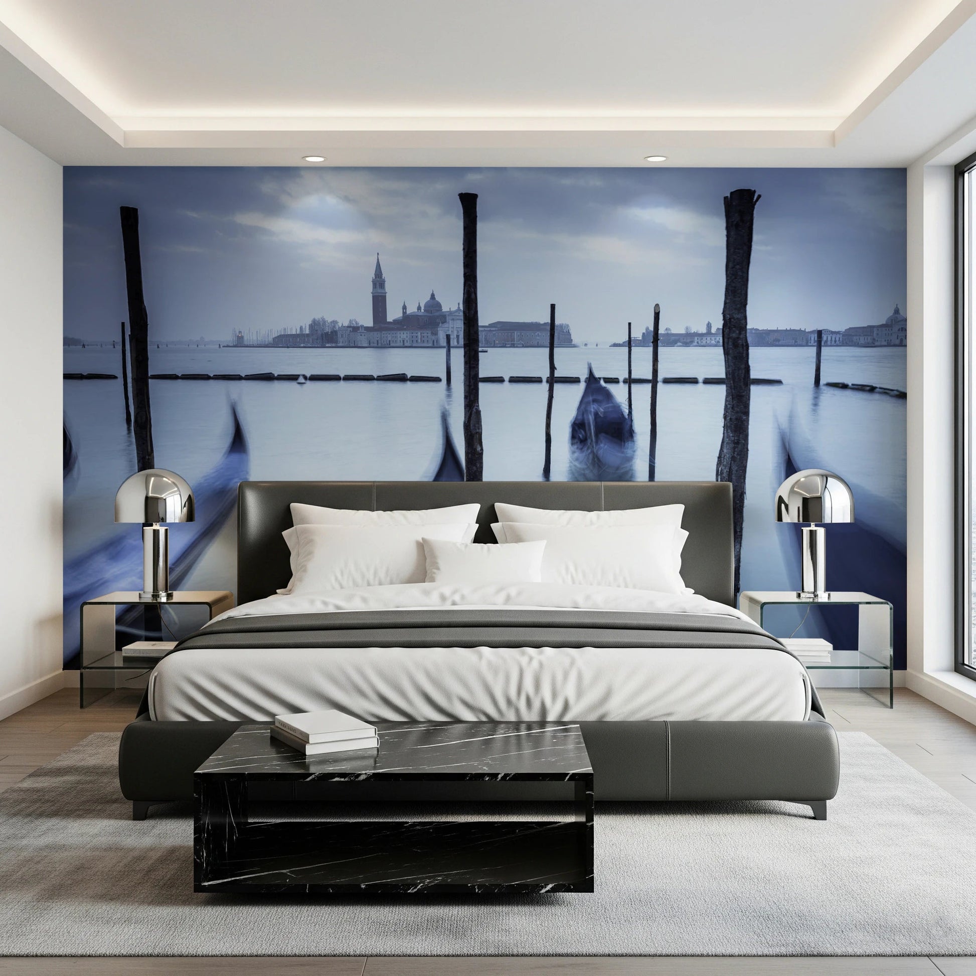 Waterfront wall mural with Gondolas in Lagoon soft blue tones