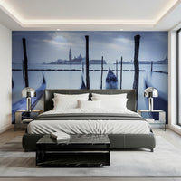 Waterfront wall mural with Gondolas in Lagoon soft blue tones