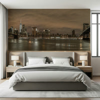 Panoramic Gotham Bridgescape mural, two landmark bridges framing.