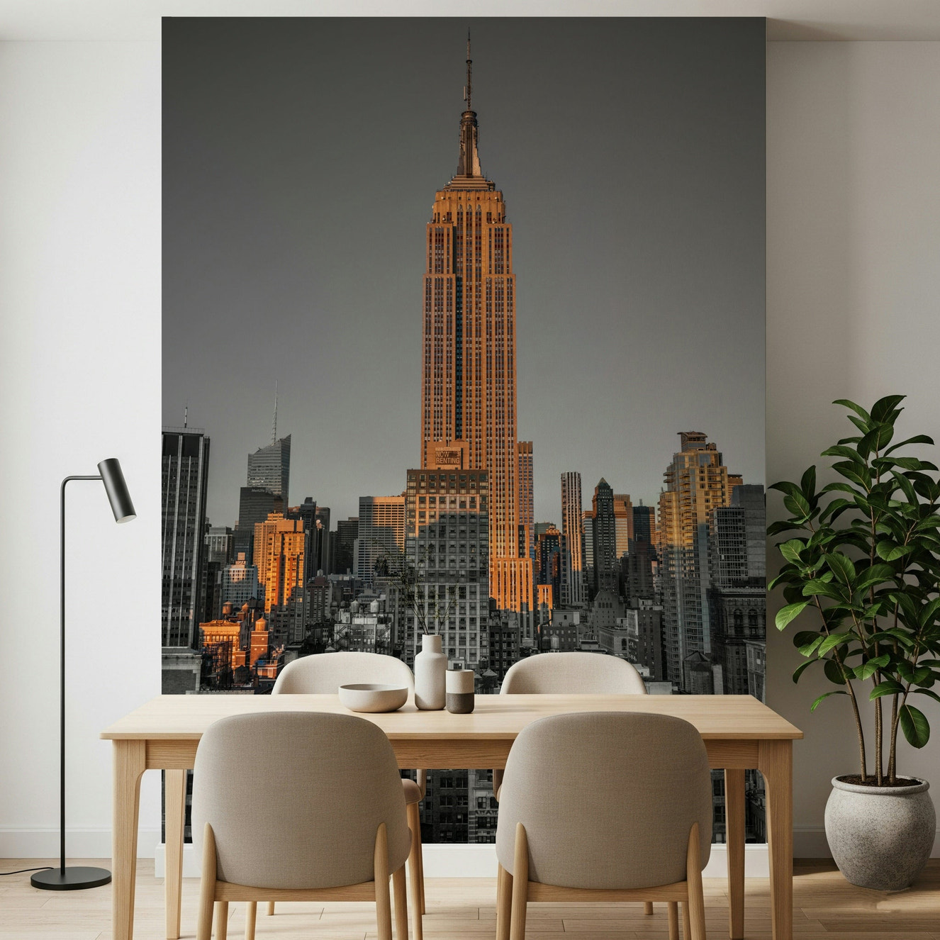 Gotham Gold wallpaper featuring city skyscrapers in a minimalist lounge.