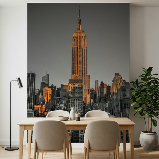 Gotham Gold wallpaper featuring city skyscrapers in a minimalist lounge.