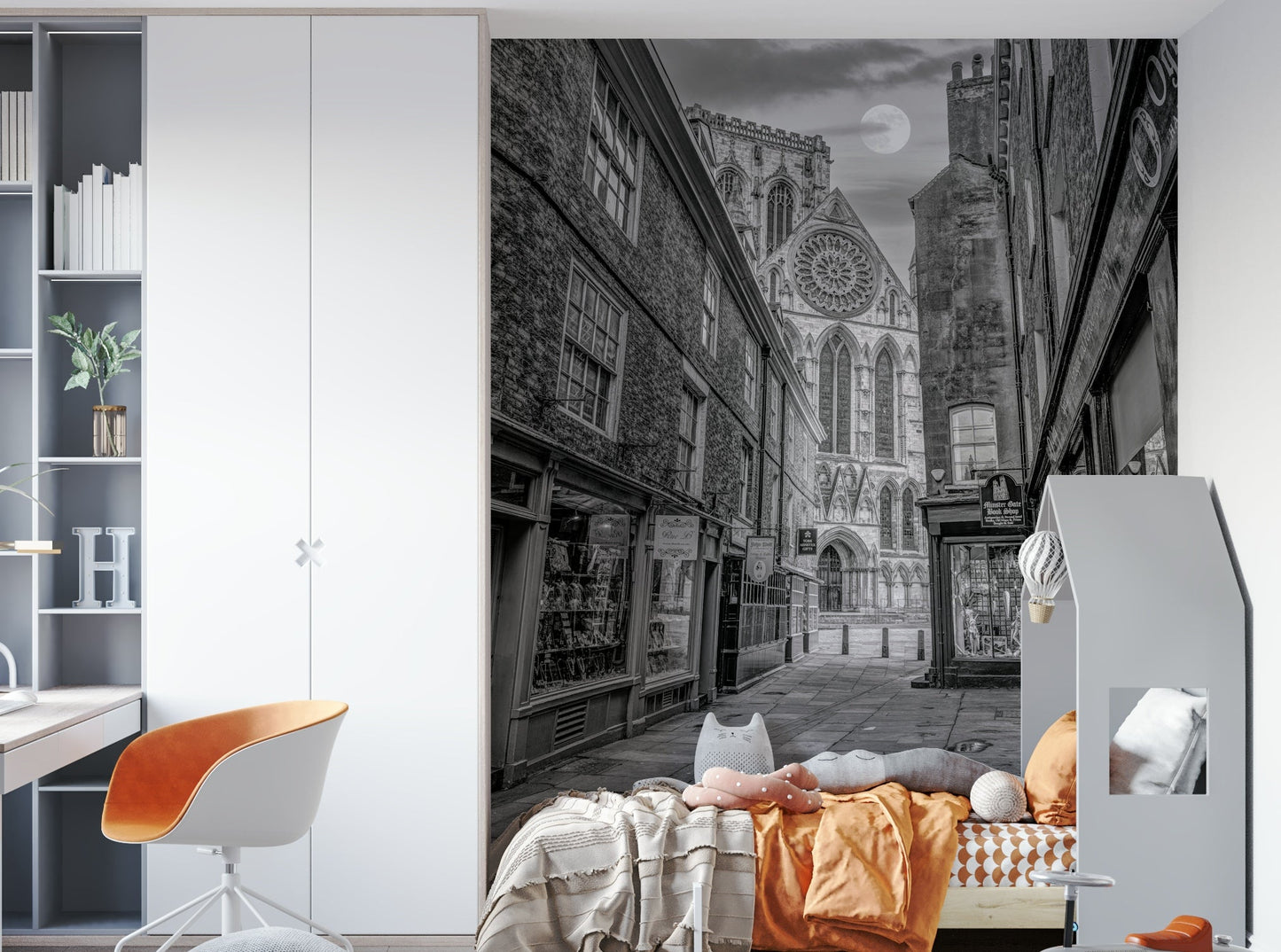 An artistic dark architecture mural for home decor.

