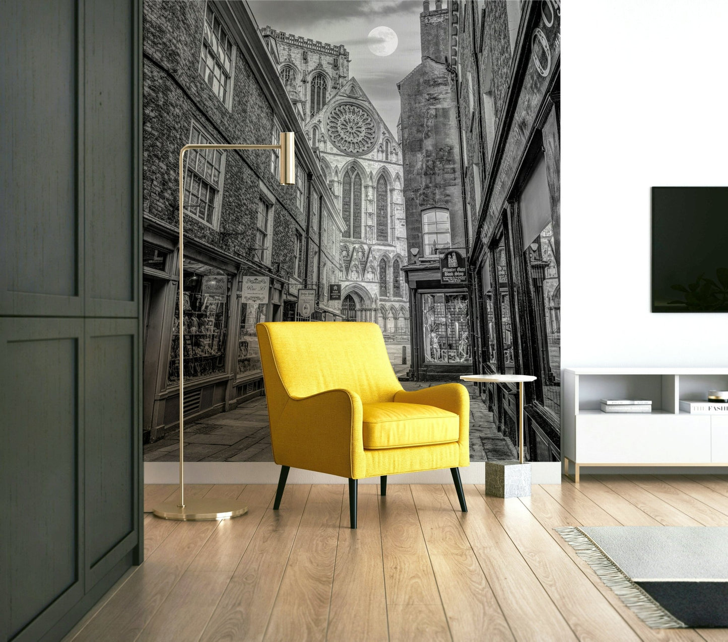 A calming ancient building wallpaper mural that defines a space.

