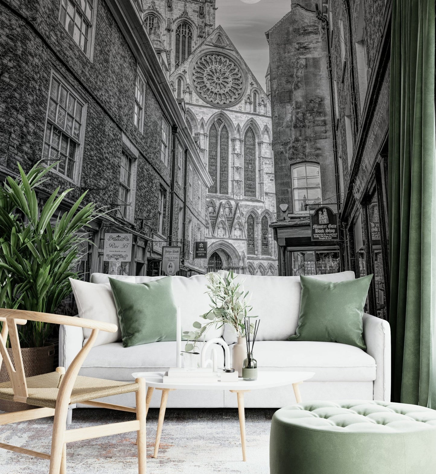 An artistic dark alley mural on minimalist wallpaper.

