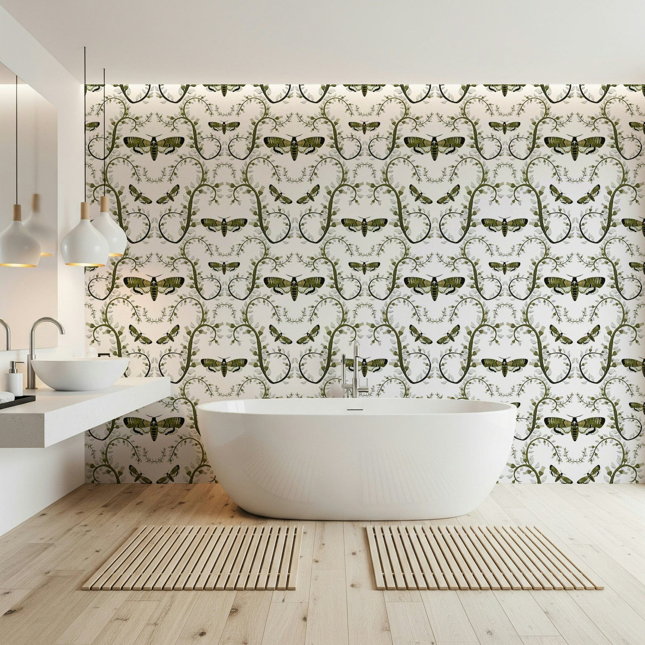 Botanical wallpaper featuring a large hawkmoth among midnight garden blooms.