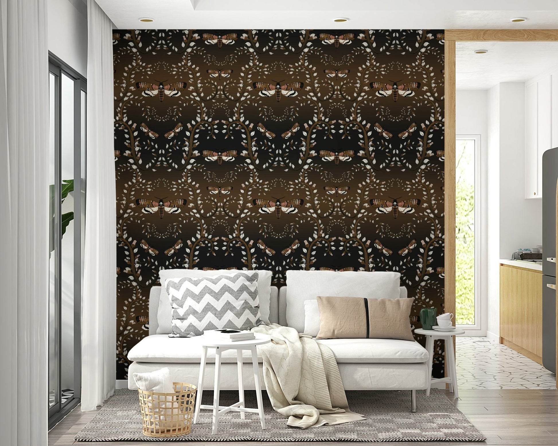 Artistic wallpaper with vintage moths and tangled vine patterns.

