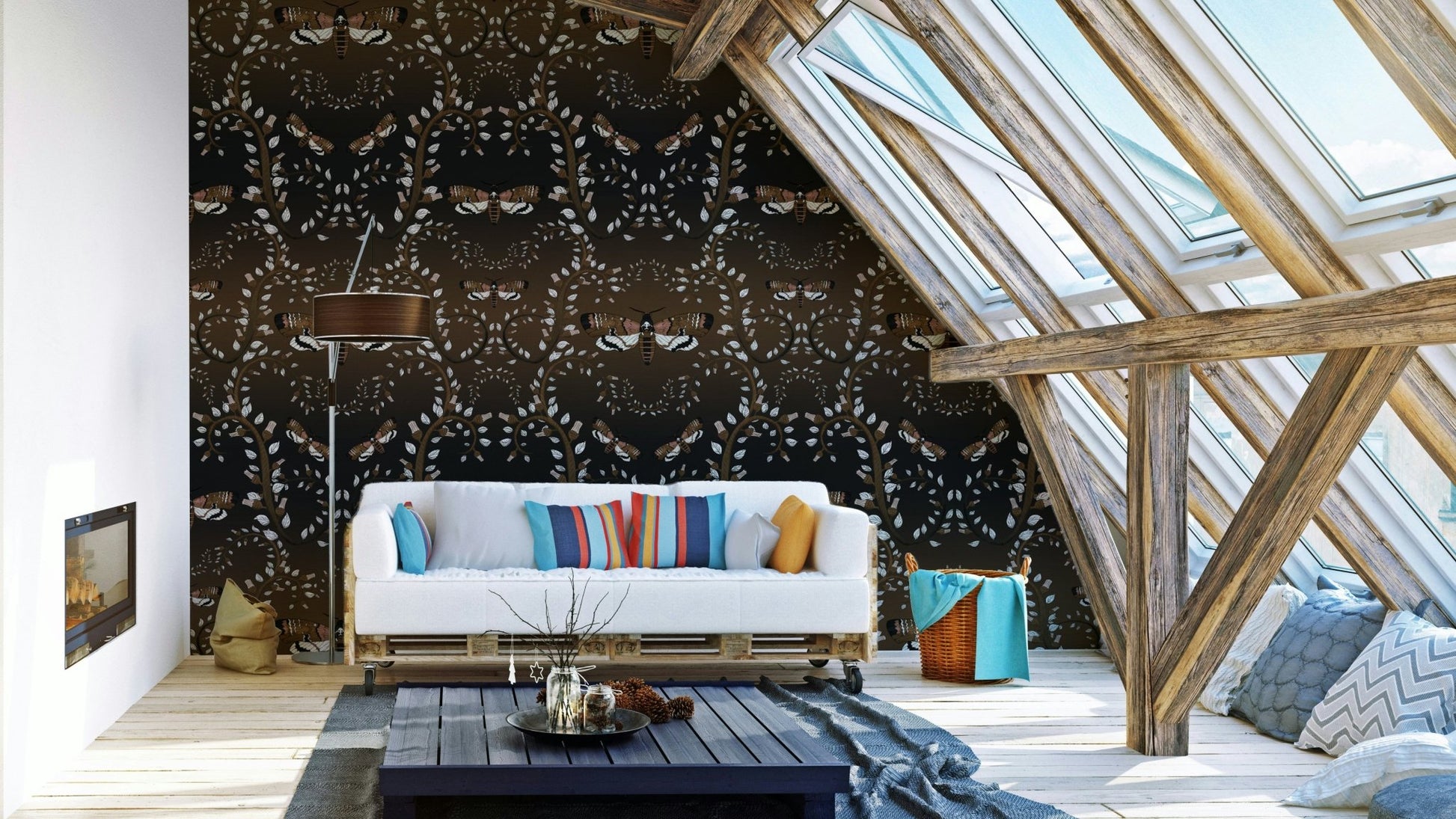 Earth-toned wallpaper with gothic moths and curling vines.

