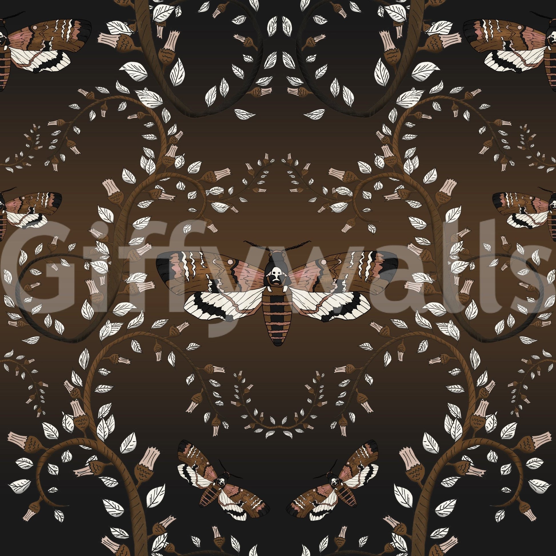 Vintage-style botanical wallpaper with moody moth accents.

