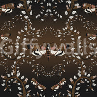 Vintage-style botanical wallpaper with moody moth accents.

