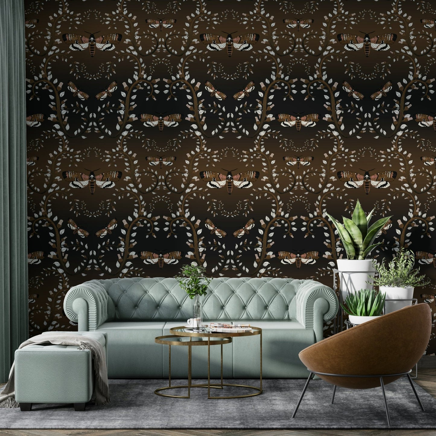 Earth-inspired wallpaper with insects and organic detailing.

