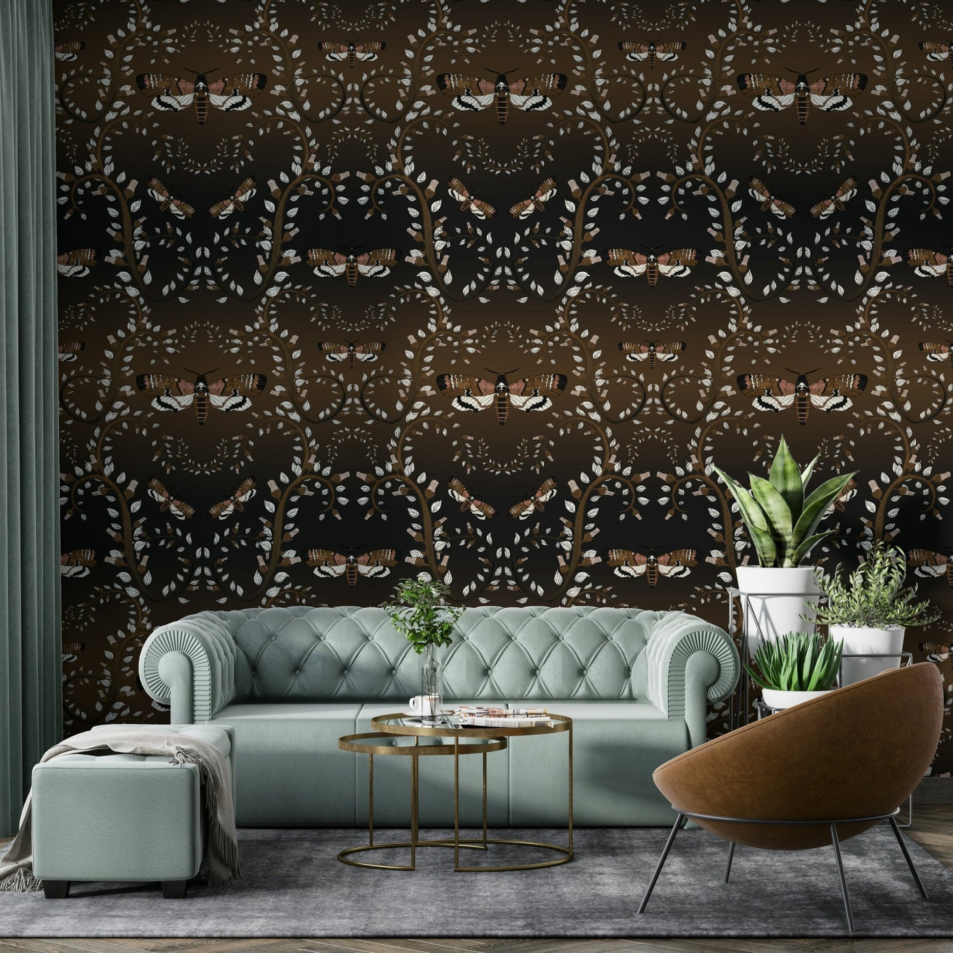 Earth-inspired wallpaper with insects and organic detailing.

