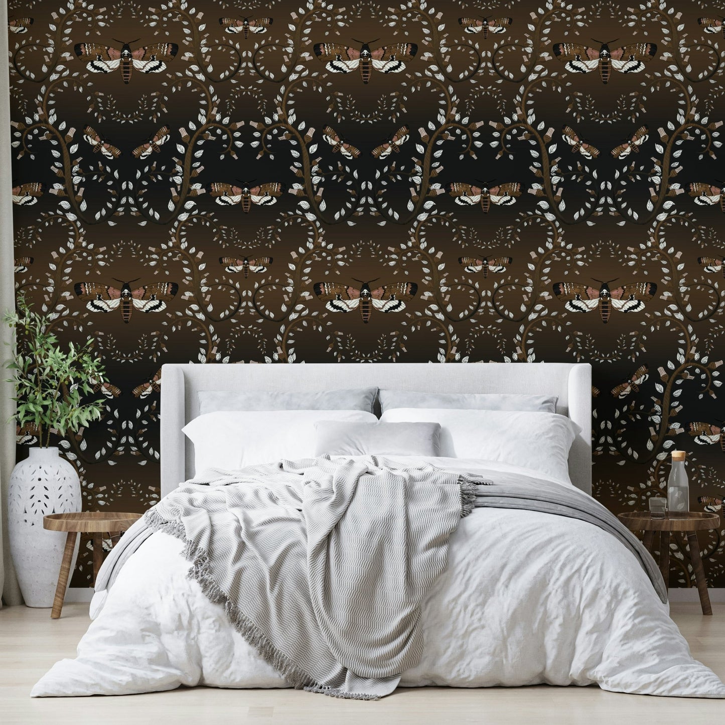 Dark floral wallpaper with earthy vines and subtle insects.

