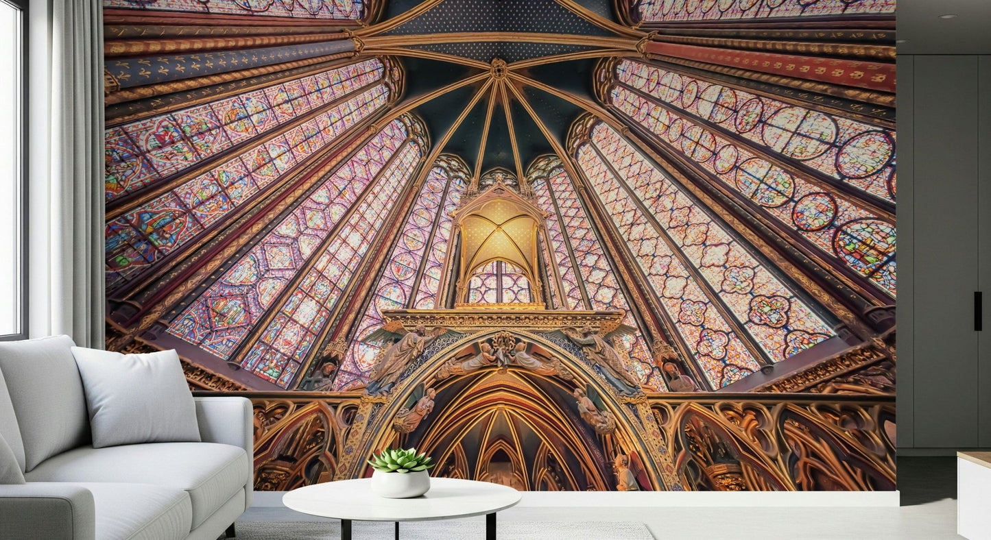 Living room focal with Gothic Radiance wall mural and stained glass ceiling glow
