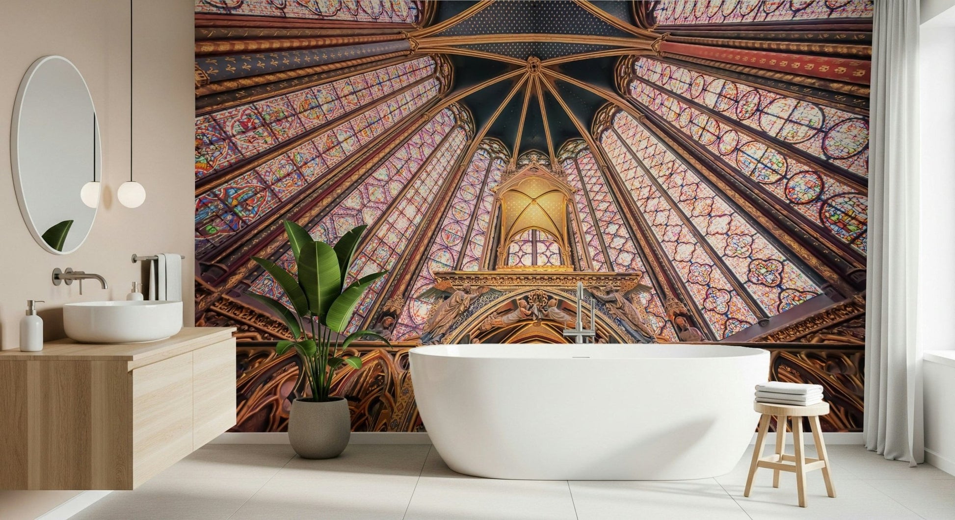 Bathroom setting built around a Gothic ceiling glow wall mural and gilded linework