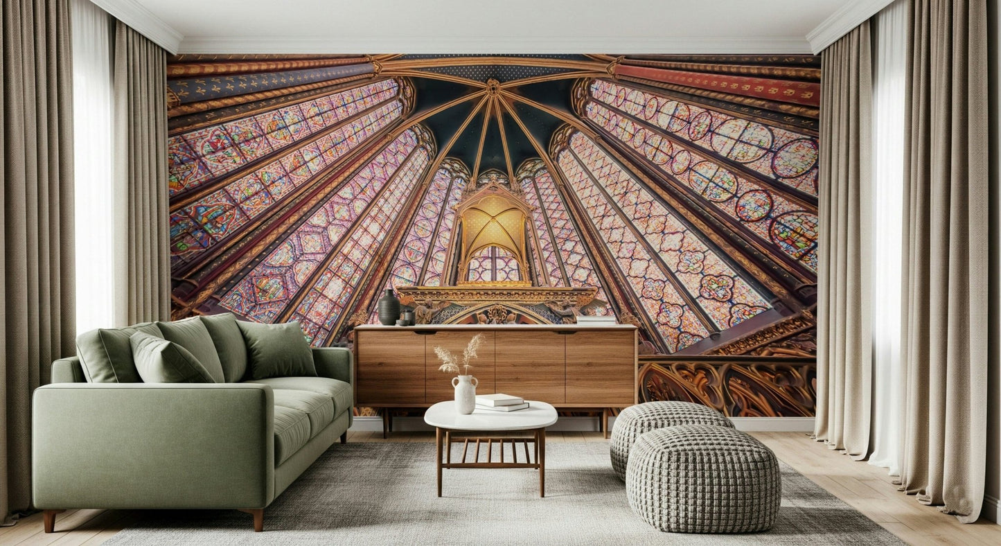 Home Office backdrop using Gothic Radiance wall mural for a dramatic ceiling-led finish