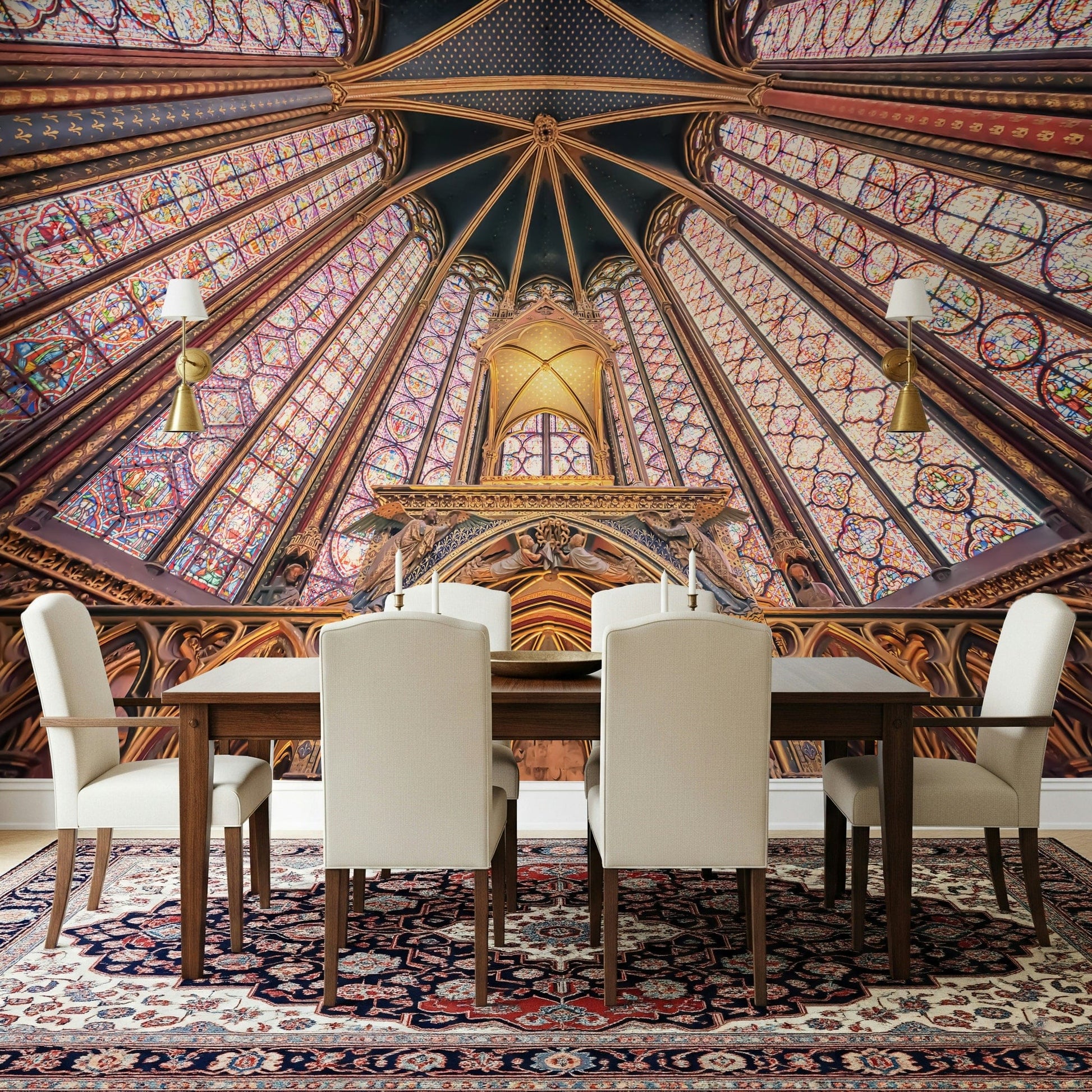 Dining room styled with radiant Gothic wall mural beneath arched lines and warm gold