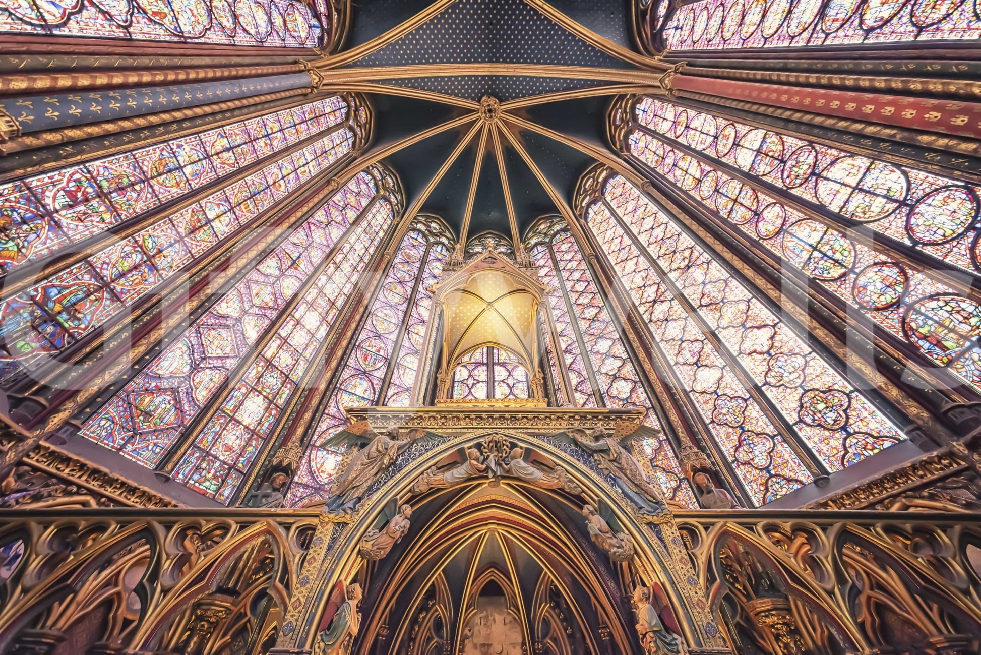 Gothic Radiance stained glass wall mural with vaulted gold framing and soft glow