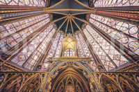 Gothic Radiance stained glass wall mural with vaulted gold framing and soft glow