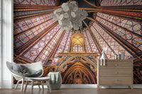 Entryway showing radiant Gothic wall mural depth with stained glass ceiling glow