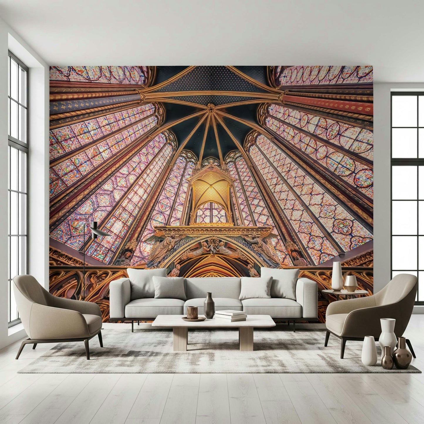 Lounge area dressed in radiant Gothic wall mural with ornate arches and glass