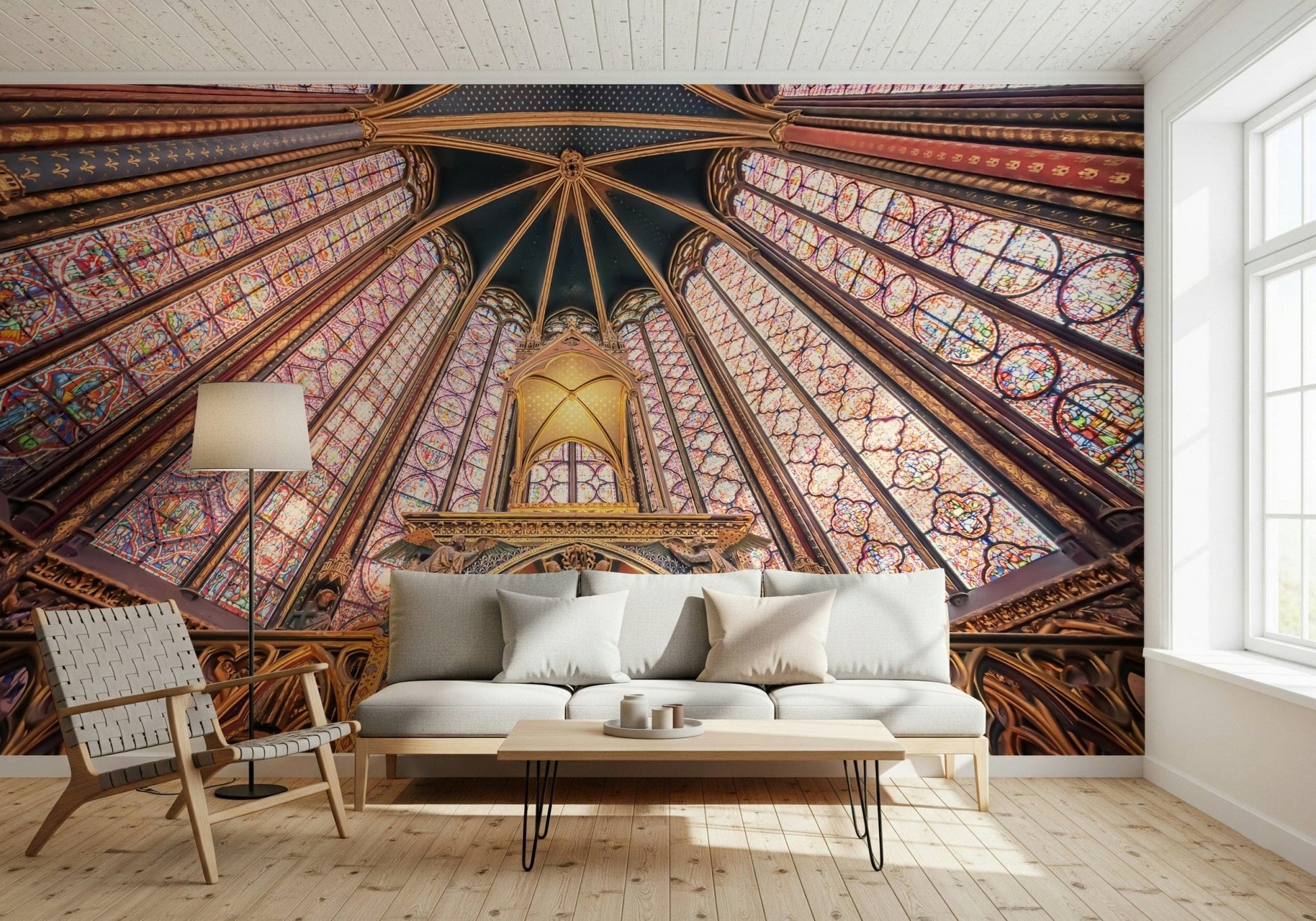 Living room corner framed by Gothic glow wall mural with soft luminous glass panels