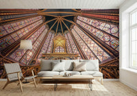 Living room corner framed by Gothic glow wall mural with soft luminous glass panels
