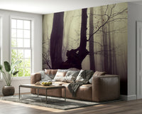 Mysterious Gothic Woodland Forest wallpaper, dramatic desert valley, dark mood.