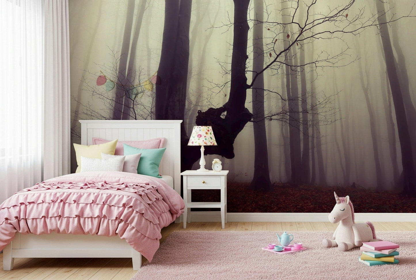 Powerful Gothic Woodland Forest mural, striking vertical lines, desolate beauty.
