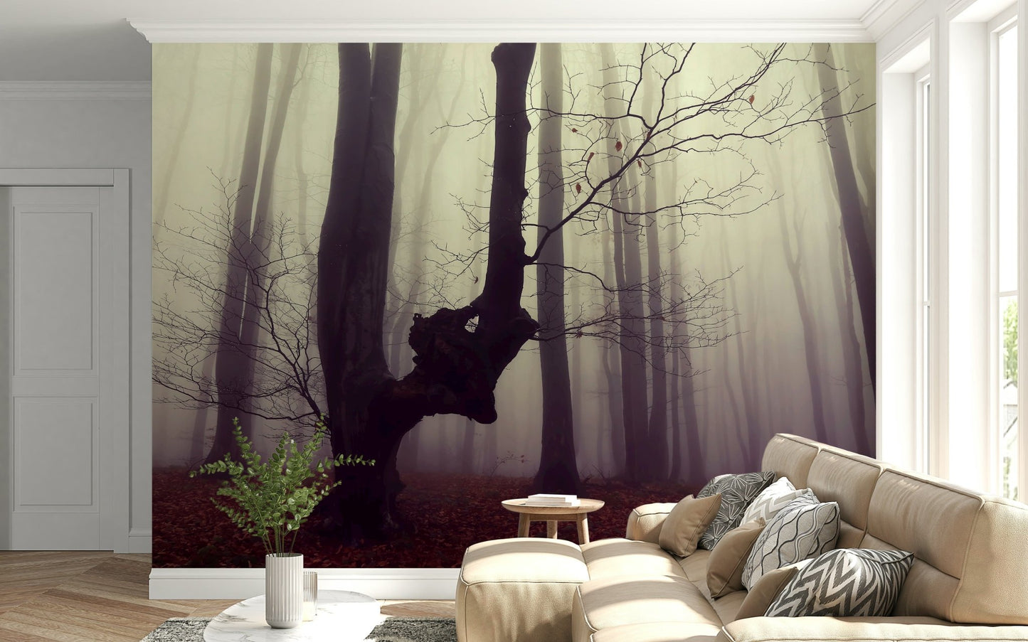 Silhouette Gothic Woodland Forest mural, imposing trees, warm contrasting light.